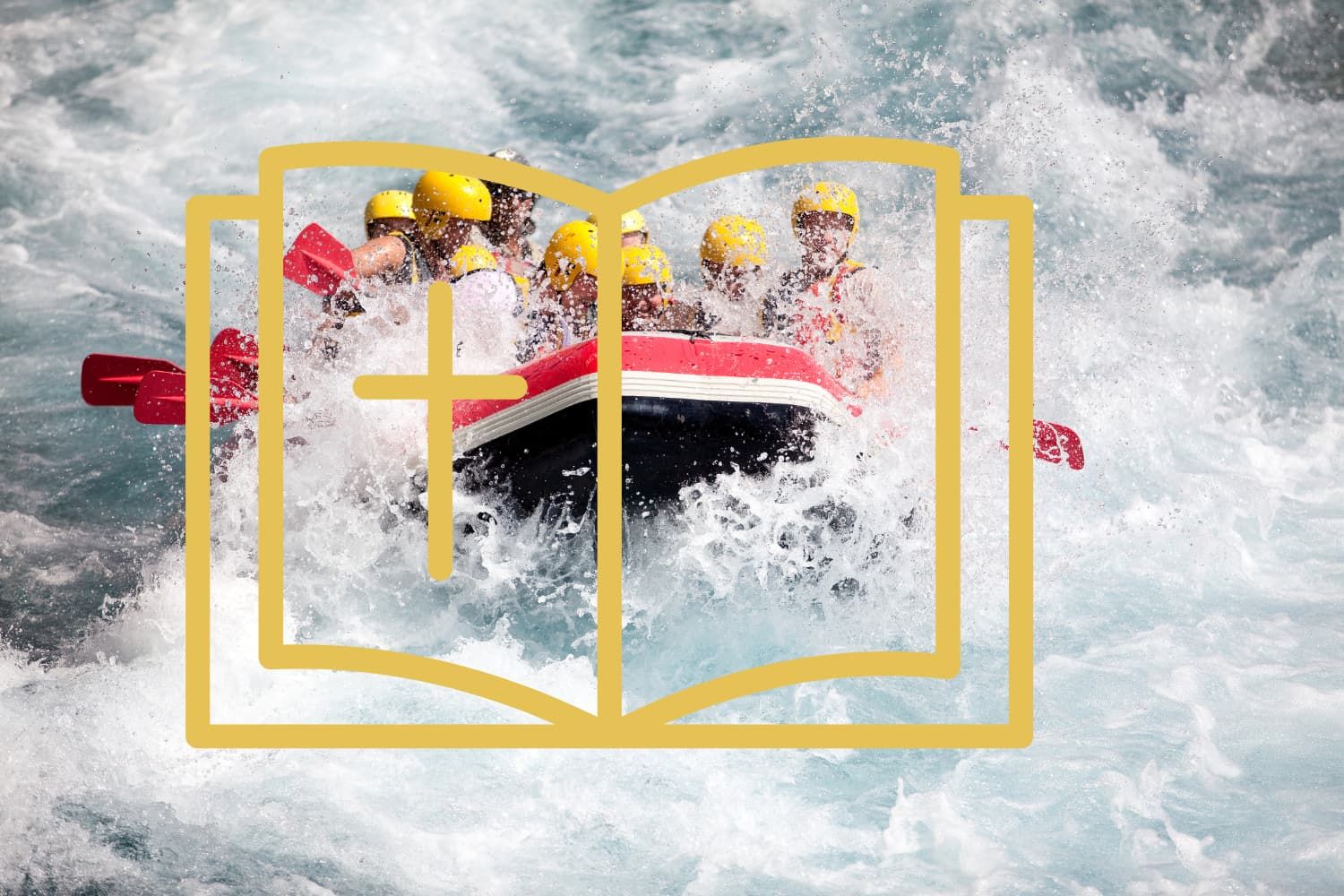 A group of teenagers who are wild water rafting through an open Bible